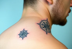 Father and child have identical black and grey compass tattoos symbolizing guidance through life’s journey. tattoo idea