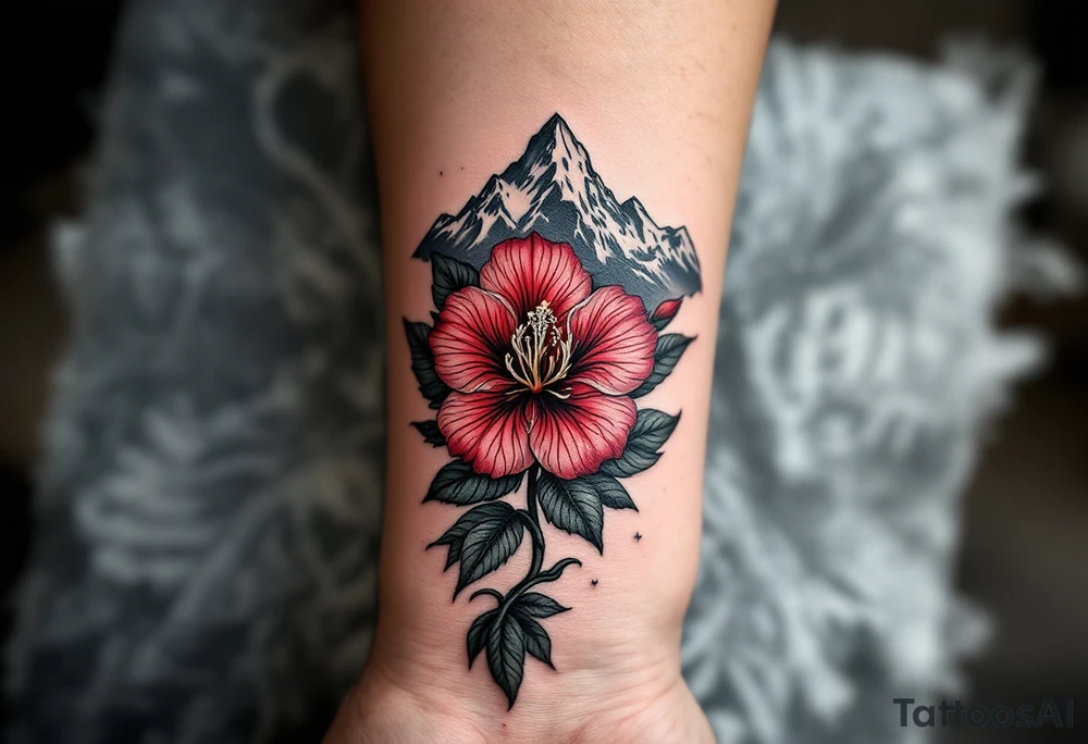 vertical wrist size red  and black rhododendron trippy with Himalayas behind tattoo idea