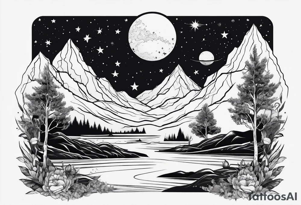 line art of space and nature tattoo idea