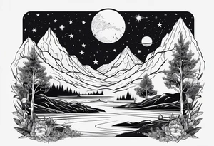 line art of space and nature tattoo idea