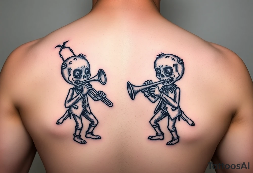 Two cartoon voodoo dolls playing music together with trombone and trumpet tattoo idea