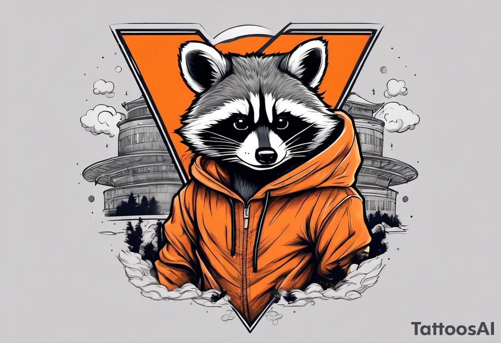 Raccoon wearing an orange Superman hoodie tattoo idea