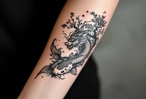 koi fish  with a dragon 
with a sakura tree in the background, Japanese inspired piece tattoo idea