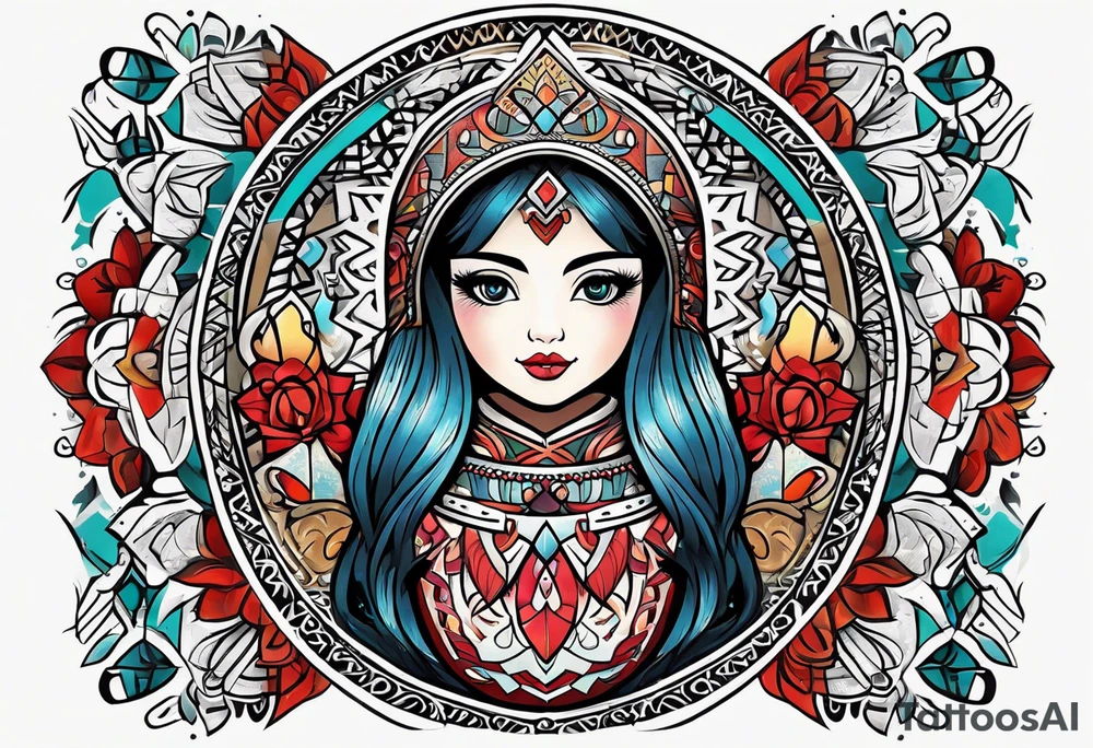 Russian doll with geometric design, surrounded by tapestry tattoo idea