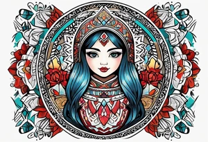 Russian doll with geometric design, surrounded by tapestry tattoo idea