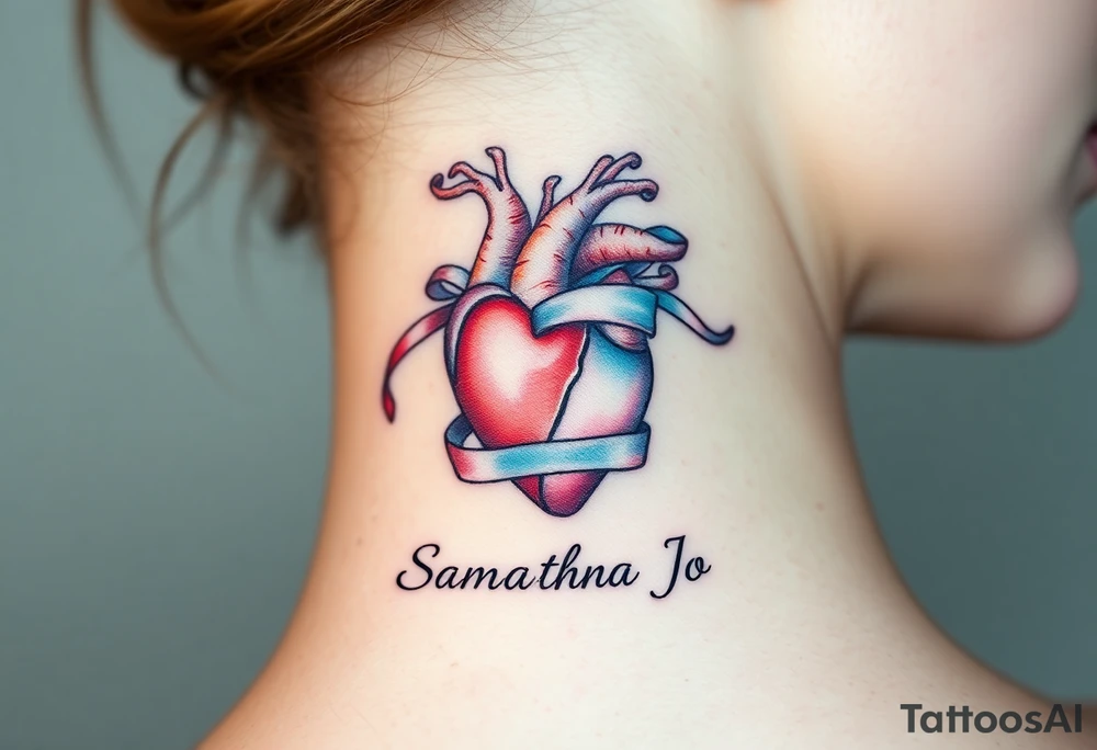 anatomical heart with flowing ribbons with the name Samantha Jo tattoo idea