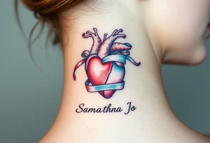 anatomical heart with flowing ribbons with the name Samantha Jo tattoo idea