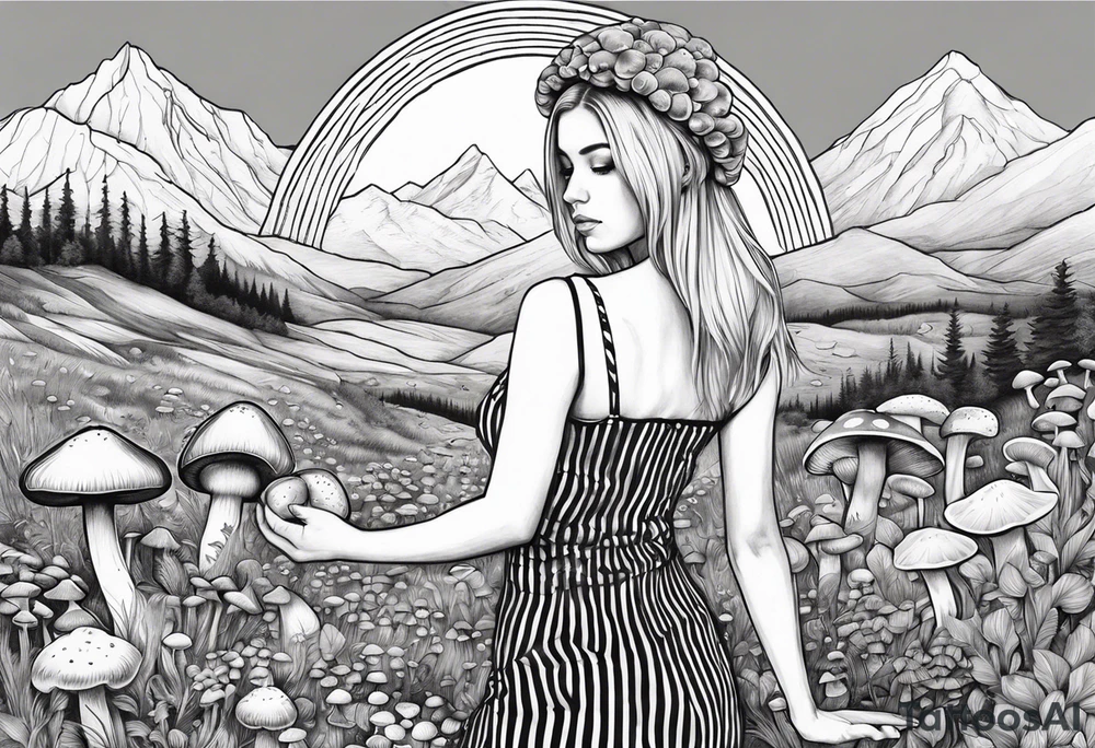 Straight blonde hair girl holding mushrooms in hand facing away toward mountains surrounded by mushrooms circular design black and white striped dress tattoo idea