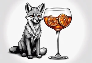 Grey fox with Negroni in short lowball cocktail glass with ice and orange peel tattoo idea