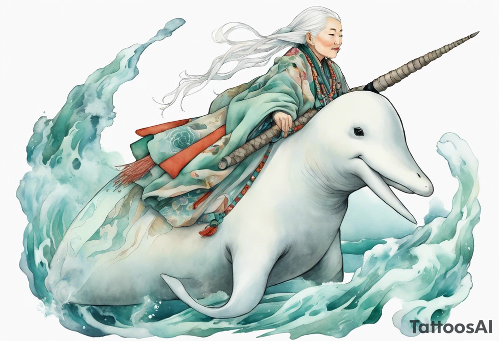 a 45-year-old Sami woman with white  hair wearing a white and mint cloak riding on the back of a narwhal tattoo idea