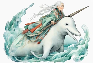 a 45-year-old Sami woman with white  hair wearing a white and mint cloak riding on the back of a narwhal tattoo idea