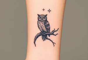 wise owl perched on ancient oak branch under starlit sky tattoo idea