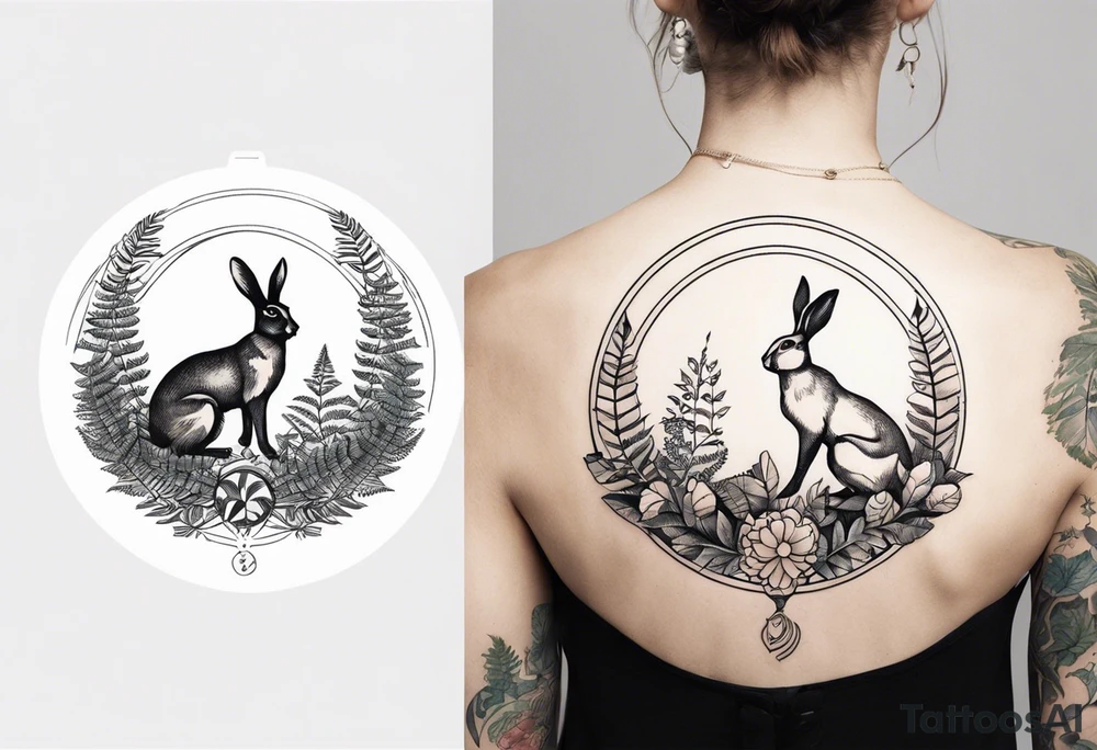 Base Design: circular for upper arm / shoulder. 

Include:
LOVE
ferns
two hares boxing tattoo idea