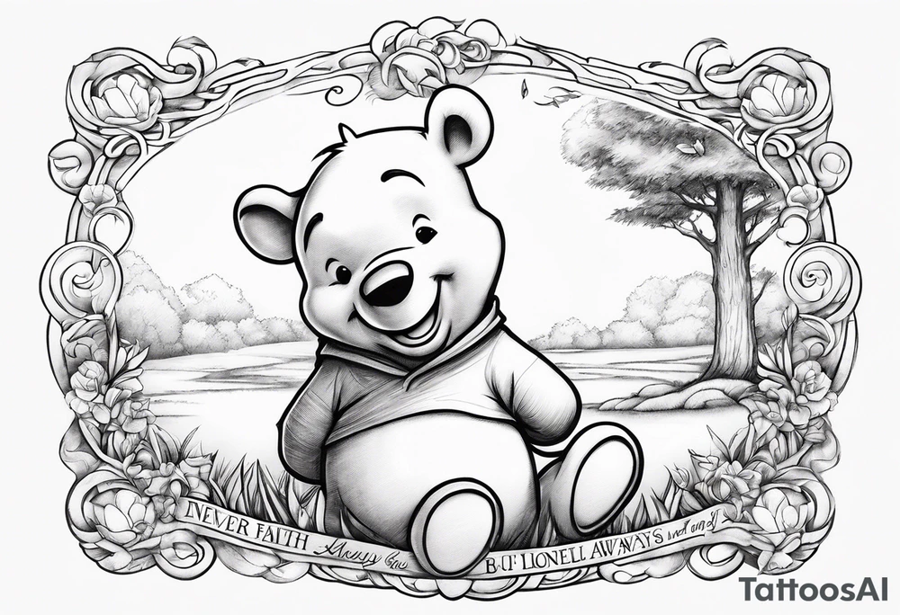 Winnie the Pooh with the words “ never alone always lonely, Always have faith but not in god” tattoo idea