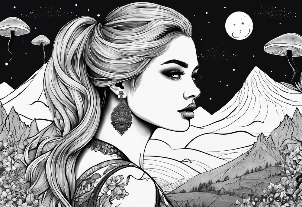 Straight blonde hair girl facing away mountains surrounded by mushrooms crescent moon tattoo idea