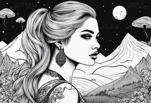 Straight blonde hair girl facing away mountains surrounded by mushrooms crescent moon tattoo idea