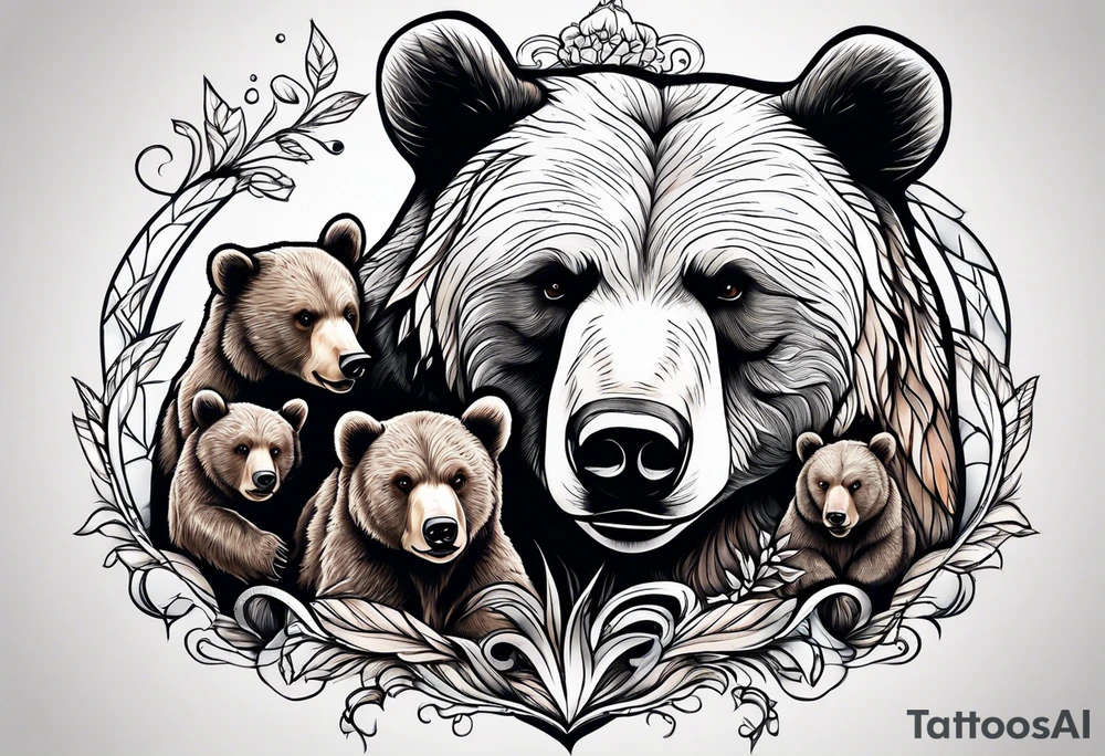 momma bear with 3 cubs tattoo idea