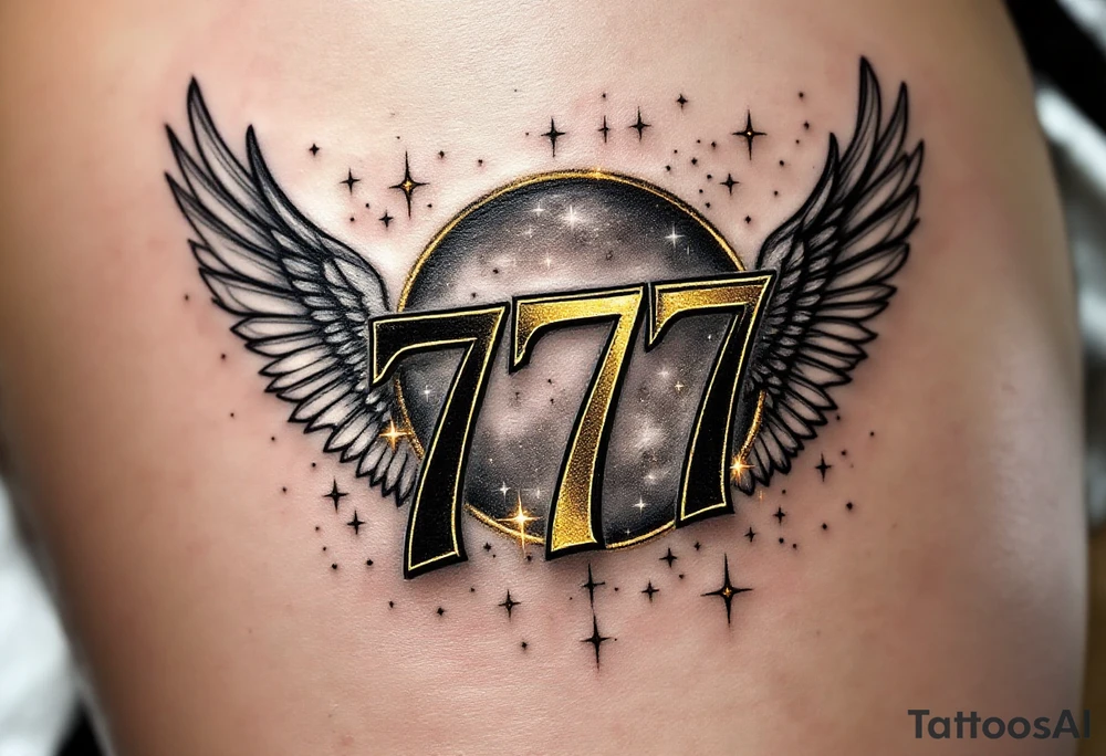A bold "777" in a sleek, modern font in gold and silver light. The numbers are surrounded by celestial elements like tiny twinkling stars, a faint halo, and soft angelic wings, symbolizing divine guidance and good fortune. tattoo idea