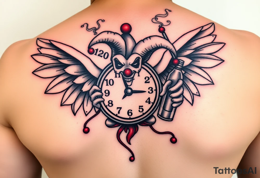 a jester clown coming out of smoke with a  clock, the time says 420,  with two open wings besides the clock, smoke as the spring rising from the clock, a jester clown coming out the smoke, smoking in one hand with a liquor bottle on the other hand tattoo idea