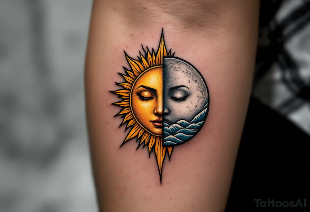 A radiant golden sun with sharp rays on one side and a calm silver moon with soft waves on the other, symbolizing karmic equilibrium. tattoo idea