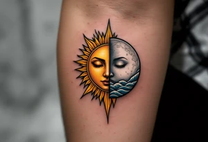 A radiant golden sun with sharp rays on one side and a calm silver moon with soft waves on the other, symbolizing karmic equilibrium. tattoo idea