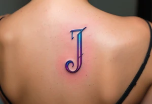 Sharp geometric "J" in purple with sleek, modern lines and cyan shadows. tattoo idea