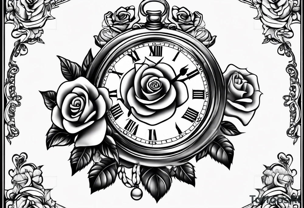 Pocket clock with chain and roses tattoo idea