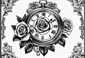 Pocket clock with chain and roses tattoo idea