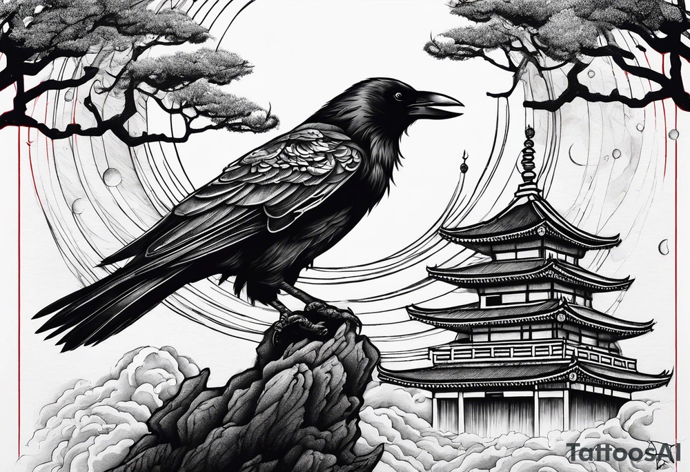 Crow moon tree temple ruins tattoo idea