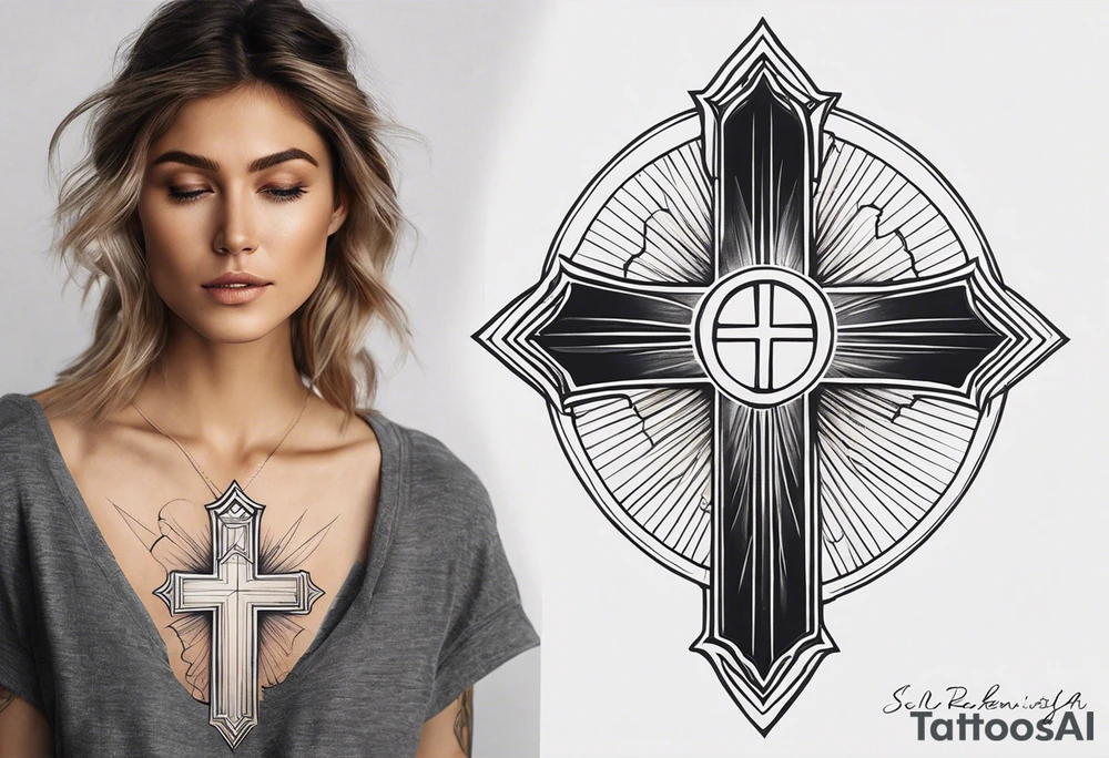 Semi realistic Tattoo: A refined cross with a soft halo on top of it, symbolizing light and spirituality. Delicate rays extend outward from the halo, adding a subtle glow and depth. The cross itself is simple and elegant, with potential for small, intricate line details within the design. Style: Semi realism tattoo idea