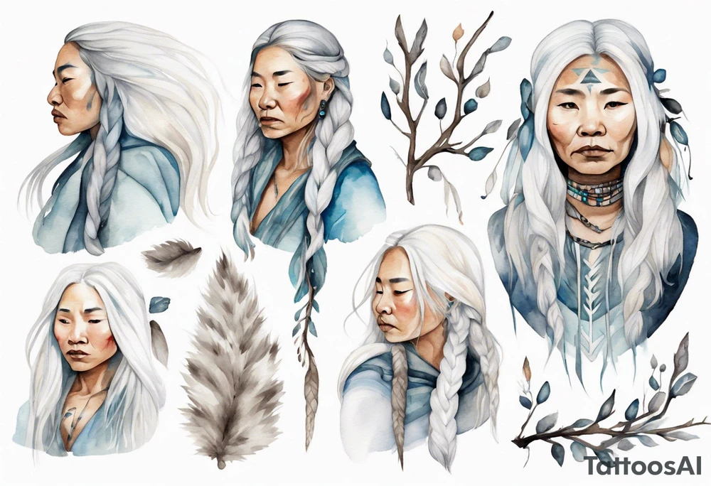 an Inuit woman with long white hair holding onto a white branch tattoo idea
