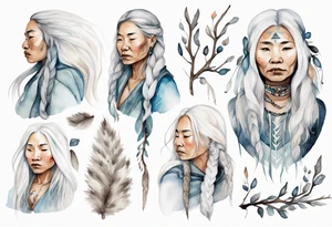 an Inuit woman with long white hair holding onto a white branch tattoo idea