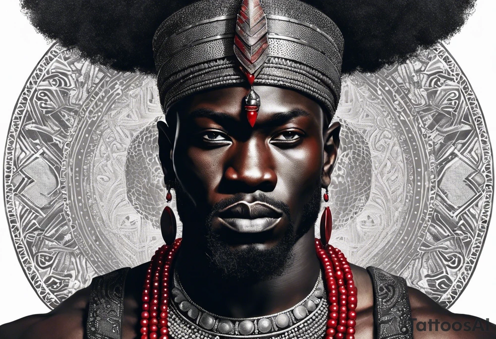 Black-skinned bald african warrior. He is a god of the war. Wears a simple red necklace and a silver crown tattoo idea