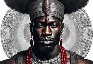 Black-skinned bald african warrior. He is a god of the war. Wears a simple red necklace and a silver crown tattoo idea