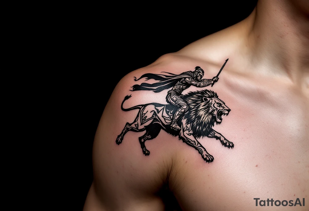 African tribal warrior riding on top of lion into battle tattoo idea