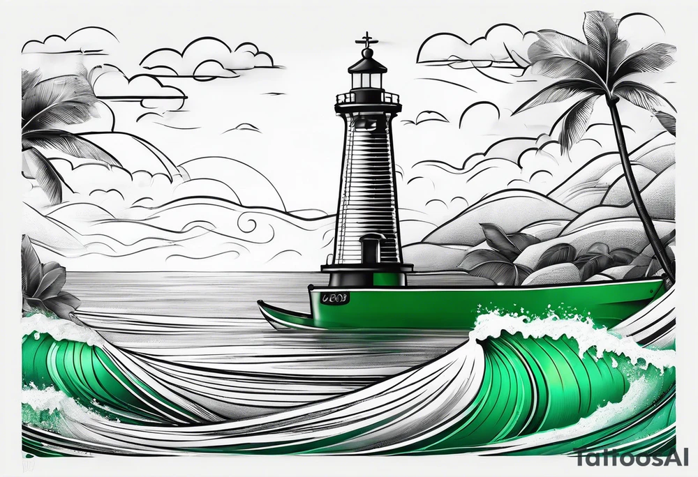 A lemon-Buoy with a green leaf-flag on waves tattoo idea