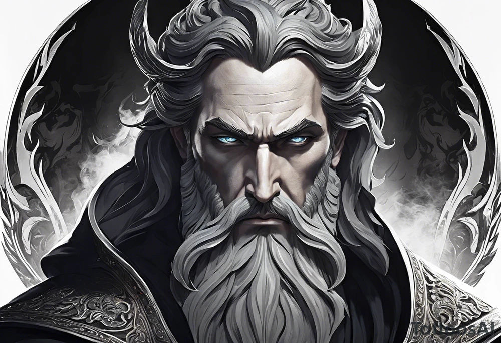 Hadès is depicted with a commanding presence, his features carefully detailed to reflect his dark and enigmatic nature. His face is stern, with deep-set eyes that exude an aura of authority and mystery. His dark, shoulder-length hair and beard are rendered with meticulous shading, adding texture and depth.

He wears a regal but somber cloak, which is intricately detailed with realistic folds and shadows, emphasizing his status as the ruler of the underworld. In one hand, he holds a bident, a two-pronged staff symbolizing his power over the dead. The bident is rendered with fine detail, including ornate designs along its handle.

The background is kept minimalistic to ensure the focus remains on Hadès himself. The tattoo highlights realistic textures and shadows, bringing out the god’s formidable and brooding presence. The overall effect captures the essence of Hadès as a powerful and revered deity of the Greek pantheon. tattoo idea