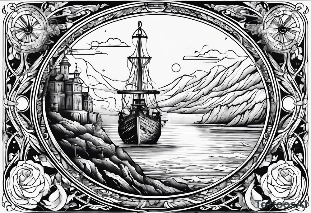 Europe in the background, anchor and space for a geo tag tattoo idea