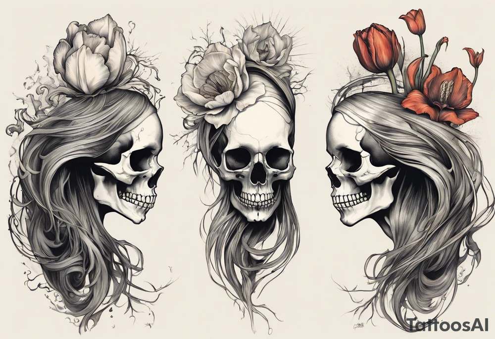 A profile view of a joyful female skull adorned with flowing, long hair, surrounded by symbolism representing the cycle of life and decay. Include a contrast between a fully decayed tulip, a pristine and vibrant tulip in full bloom, and a delicate tulip bud, all harmonizing with the eerie yet beautiful ambiance of the scene. tattoo idea