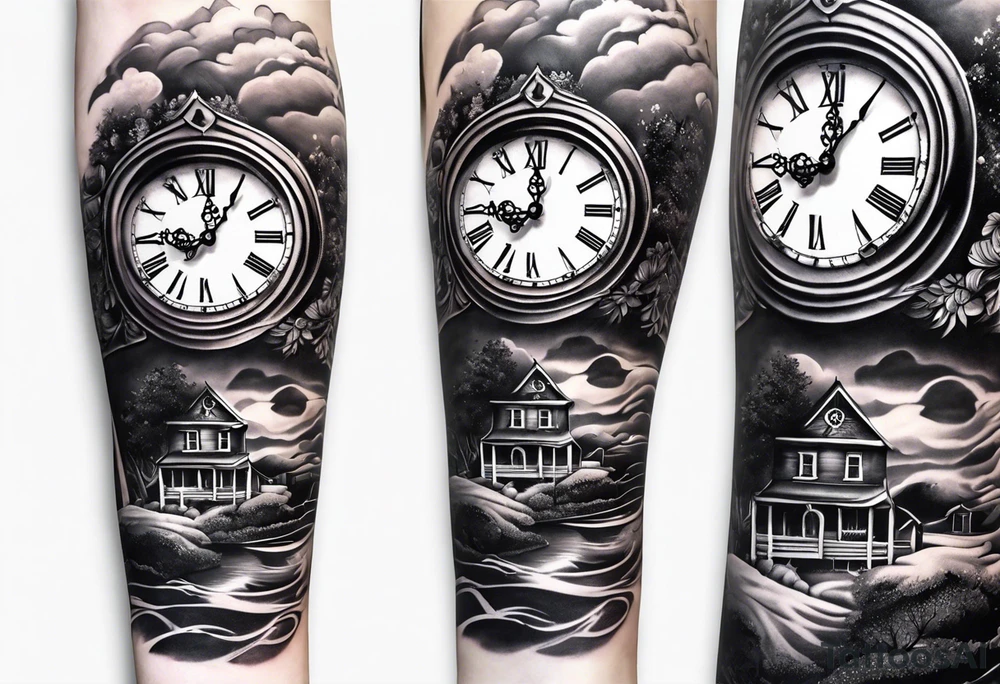 forearm sleeve, clock, house, stairs tattoo idea