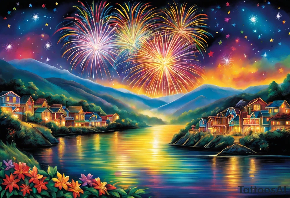 Fireworks burst across the night sky, surrounded by glowing candles and stars, capturing the magic and nostalgia of Colombian December nights. The scene is vibrant with multi-colored lights and an air of celebration. Soft linework mist or halos around the fireworks adds a magical, dreamy quality to the scene. The tattoo reflects joy and tradition, with an emphasis on warmth and festivity. tattoo idea