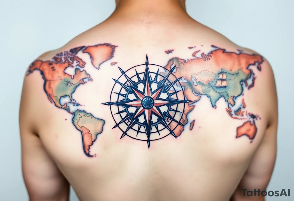 antique compass rose overlaid on weathered world map with sailing ships tattoo idea