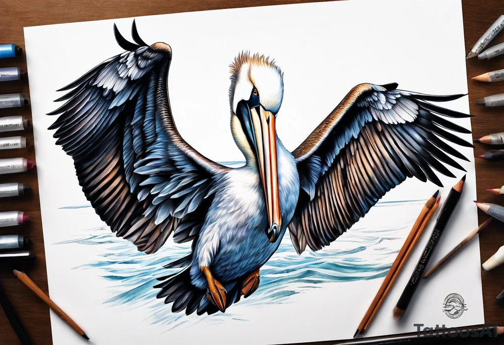 flying fast pelican tattoo idea