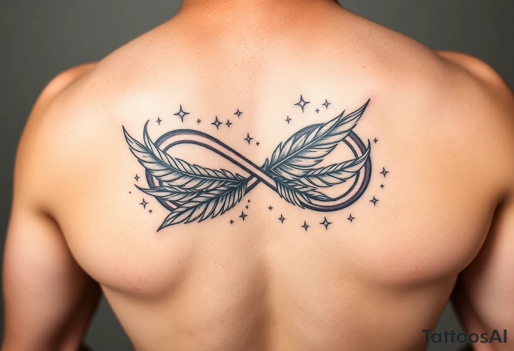 a manly infinity symbol woven with floating feathers and stardust tattoo idea