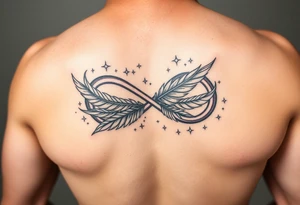 a manly infinity symbol woven with floating feathers and stardust tattoo idea
