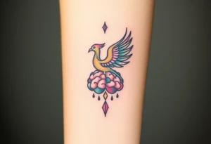 A phoenix rising out of a brain colorful tattoo idea