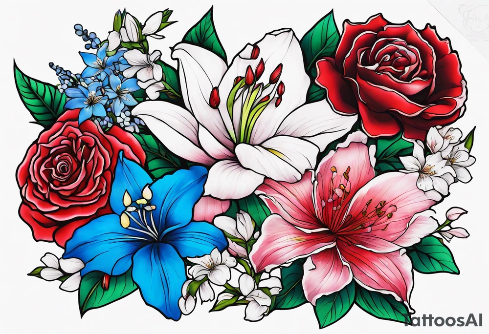 Rose, lily, gladioli, cherry blossom, forget me nots tattoo idea