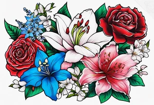 Rose, lily, gladioli, cherry blossom, forget me nots tattoo idea