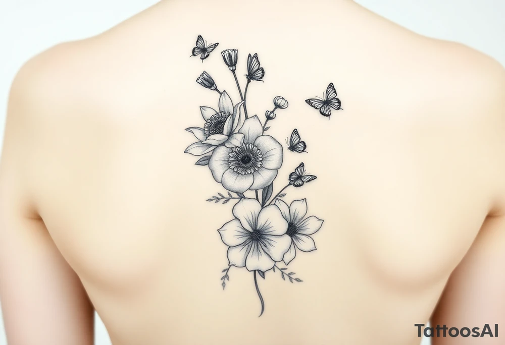 In a vertical line water lily, rose, violet and narcissus. Surrounded by small delicate butterflies 

Not a bouquet tattoo idea