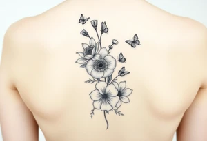 In a vertical line water lily, rose, violet and narcissus. Surrounded by small delicate butterflies 

Not a bouquet tattoo idea
